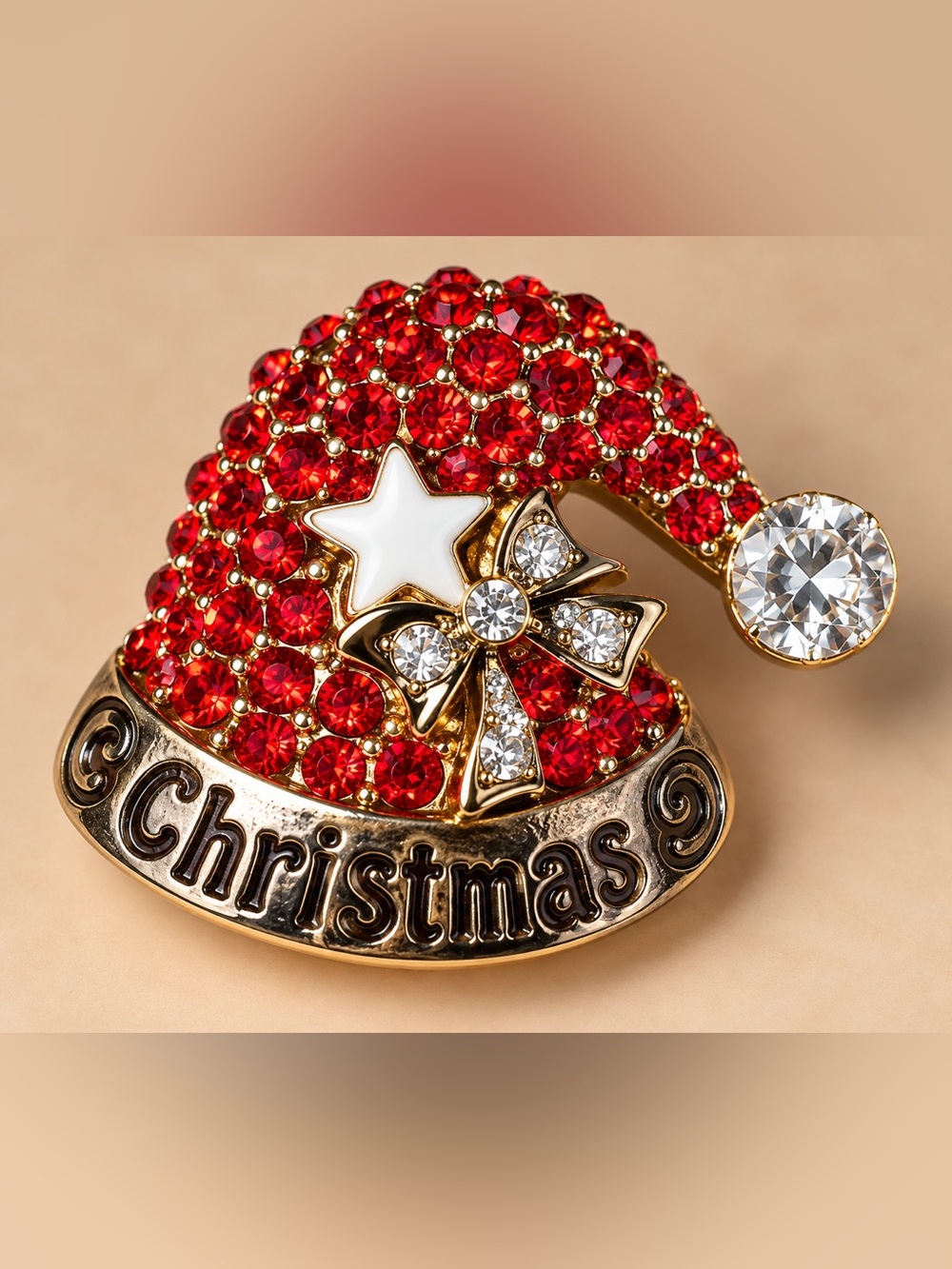 Festive Red Crystal Christmas Brooch - Gold Tone
